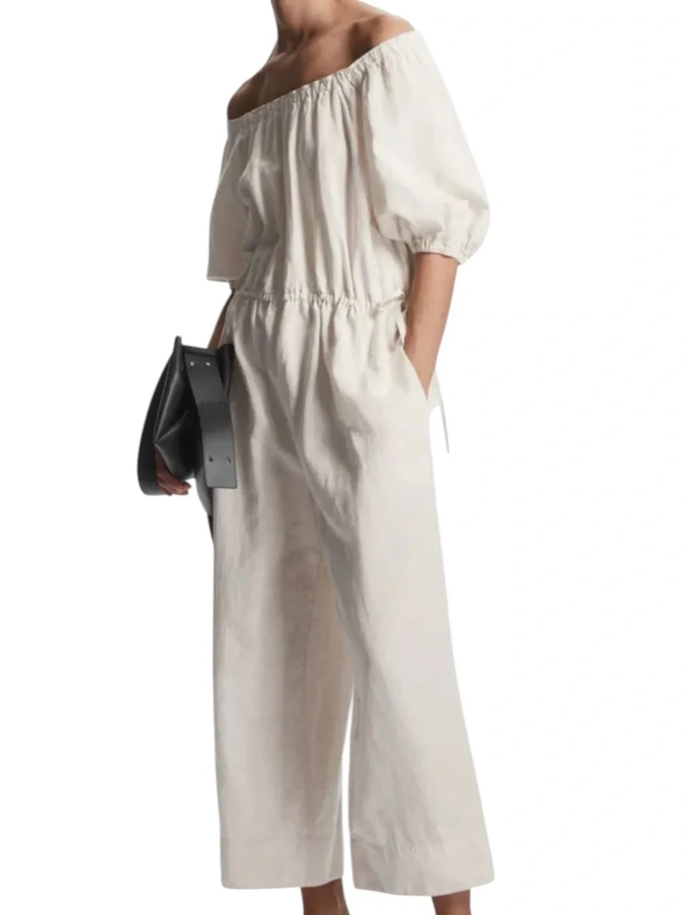 COS Puff Sleeve Jumpsuit Linen Blend Natural Light Beige Size Small